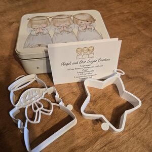 New Hallmark 3 angel cookie tin, cut outs and recipe card